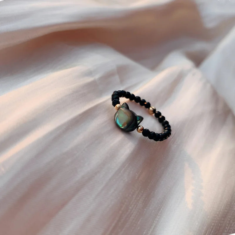 #JB1012 Natrual crystal Shell lucky Cat ring Natural Stones White Black Crystal Cut Beads Ring for Women Girls Fine Jewelry