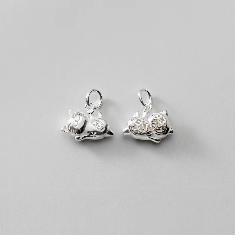 #201 S925 sterling silver fortune cat pendant charm high quality vintage matte hollowed out design DIY jewerlry