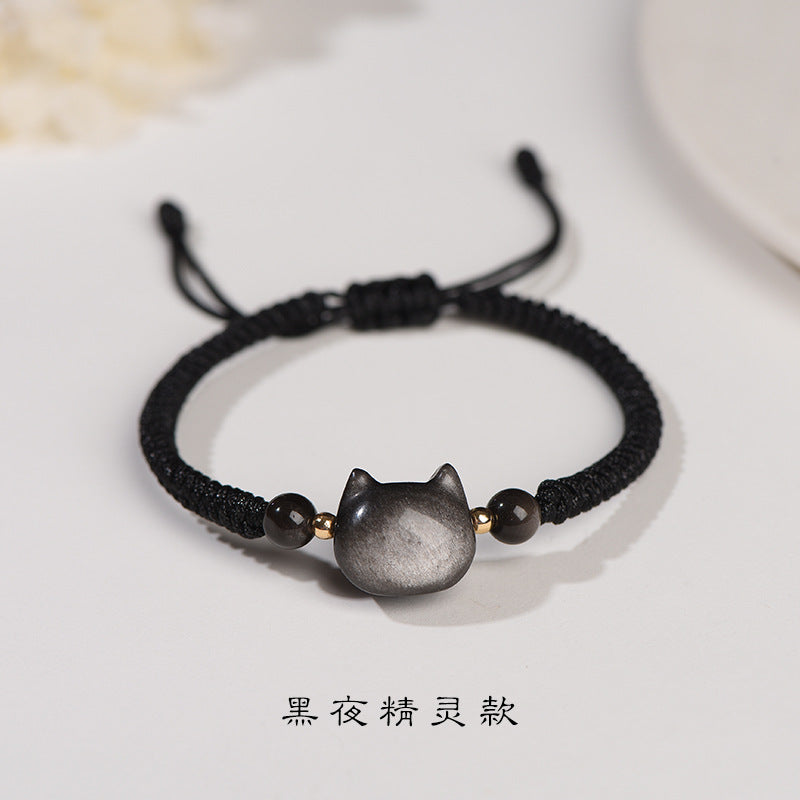 #JB1006S Silver obsidian natrual stone lucky cat bracelet stewberry crystal lucky cat best gift for girl