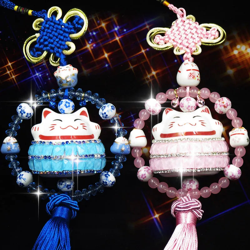 #HA021 handmade  High Grade Lucky Cat Rhinestone Crystal Hanging Ornament Ceramic Fortune Auto Decoration