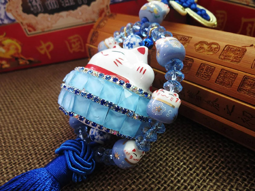 #HA021 handmade  High Grade Lucky Cat Rhinestone Crystal Hanging Ornament Ceramic Fortune Auto Decoration