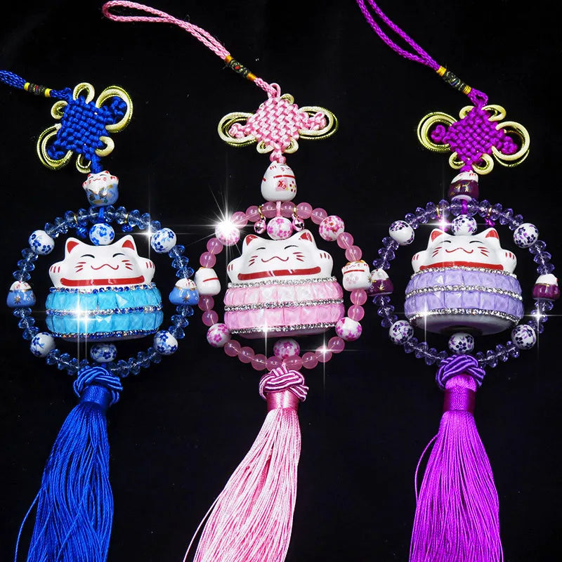 #HA021 handmade  High Grade Lucky Cat Rhinestone Crystal Hanging Ornament Ceramic Fortune Auto Decoration