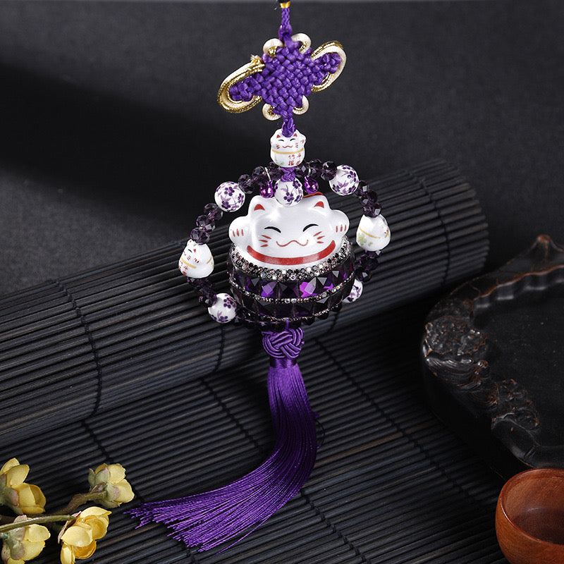#HA021 handmade  High Grade Lucky Cat Rhinestone Crystal Hanging Ornament Ceramic Fortune Auto Decoration