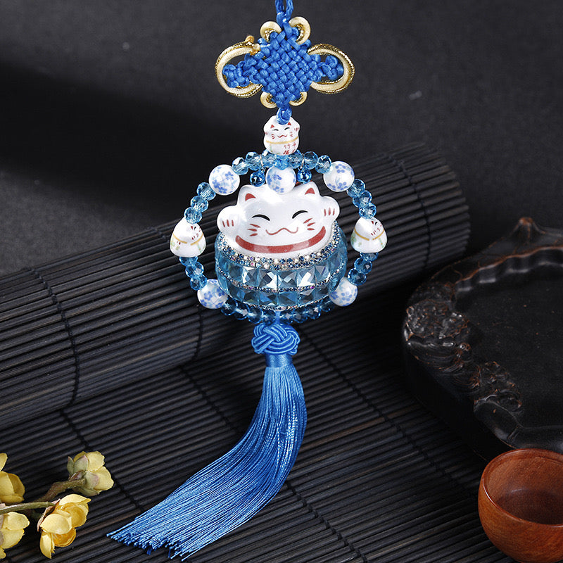 #HA021 handmade  High Grade Lucky Cat Rhinestone Crystal Hanging Ornament Ceramic Fortune Auto Decoration