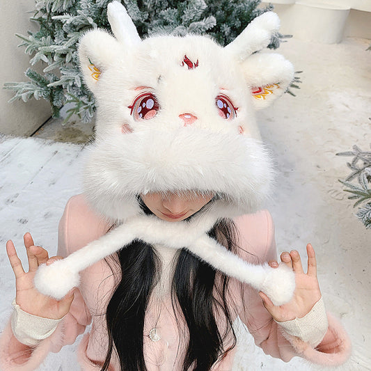 Cute Dragon Head Hat Gloves Scarf Earflap Hat Warm for Women Adult /Kid Winter New Year