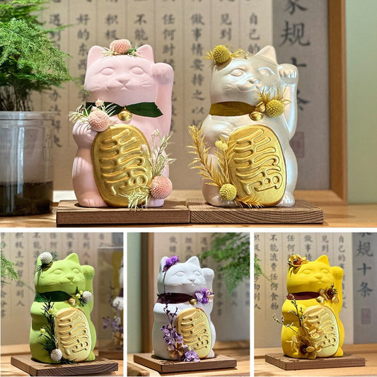 6 Inch Aromotherapy  Colorful Lucky Cat Maneki Neko Ceramic Fortune Cat With Wooden Stand Preserved fresh Flower Collective Gift Decoration Ornament