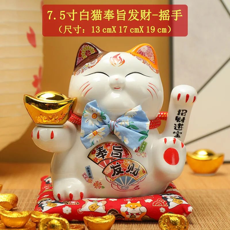 7.5 inches Waving Fortune Cat Statue Ceramic Maneki Neko Lucky Cat Home Decor Waving Hand Cat Feng Shui Ceramic