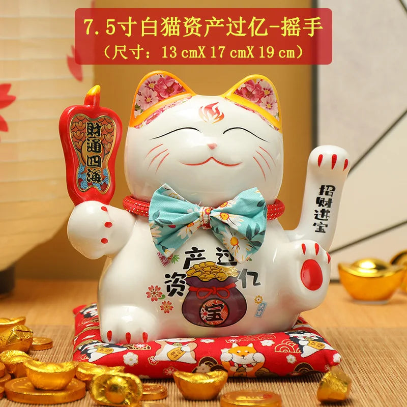 7.5 inches Waving Fortune Cat Statue Ceramic Maneki Neko Lucky Cat Home Decor Waving Hand Cat Feng Shui Ceramic
