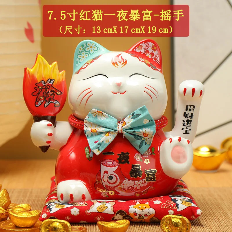 7.5 inches Waving Fortune Cat Statue Ceramic Maneki Neko Lucky Cat Home Decor Waving Hand Cat Feng Shui Ceramic