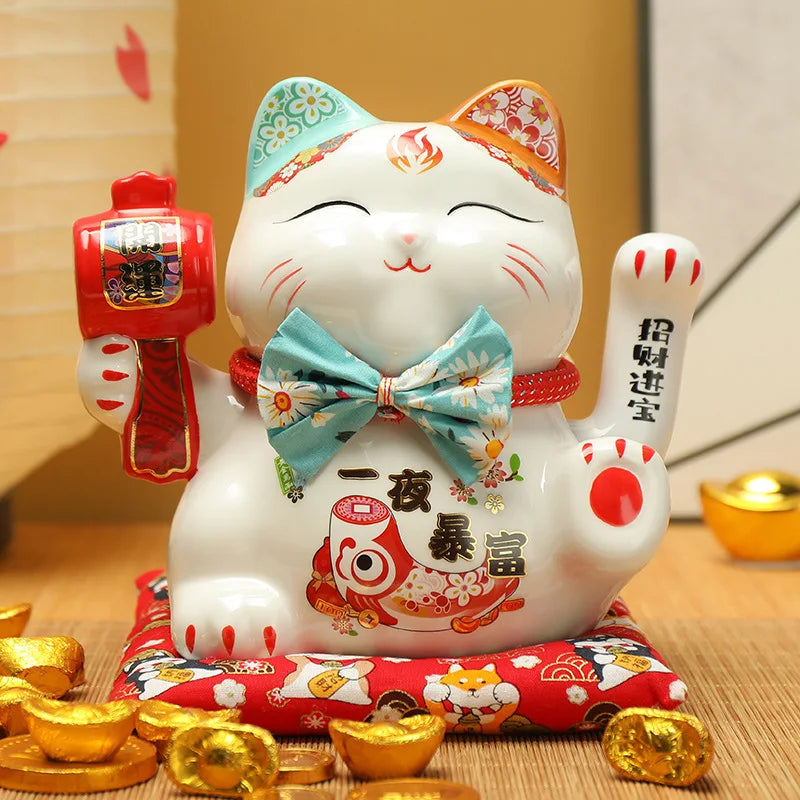 7.5 inches Waving Fortune Cat Statue Ceramic Maneki Neko Lucky Cat Home Decor Waving Hand Cat Feng Shui Ceramic