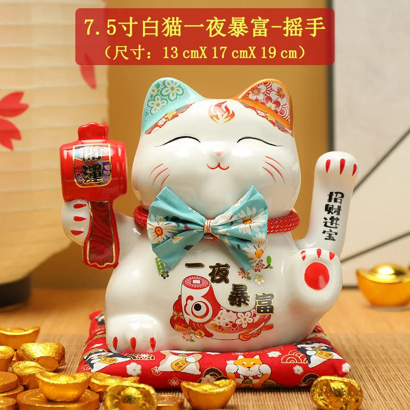 7.5 inches Waving Fortune Cat Statue Ceramic Maneki Neko Lucky Cat Home Decor Waving Hand Cat Feng Shui Ceramic
