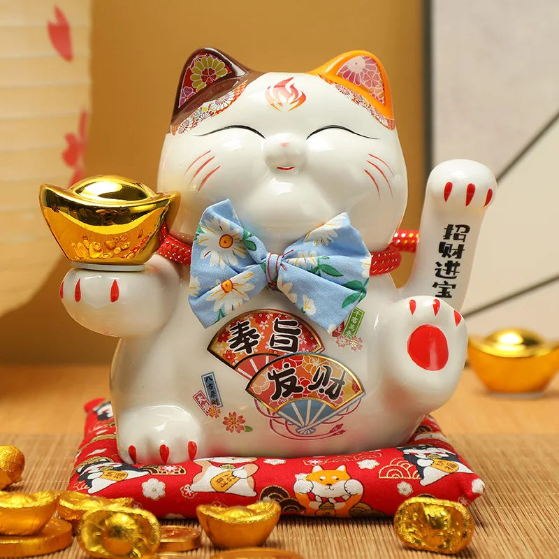 7.5 inches Waving Fortune Cat Statue Ceramic Maneki Neko Lucky Cat Home Decor Waving Hand Cat Feng Shui Ceramic