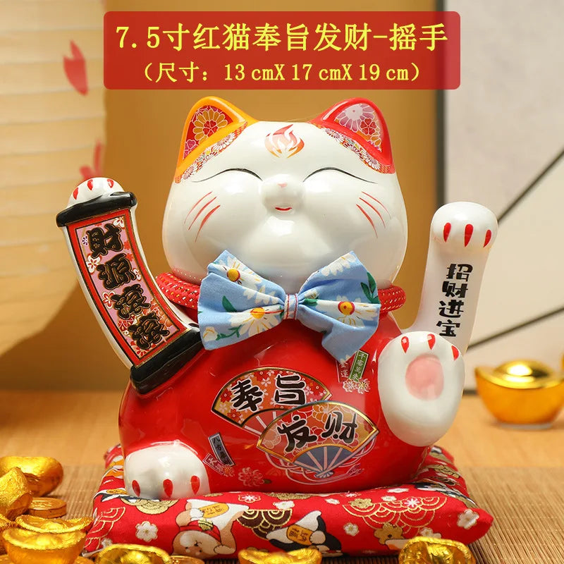 7.5 inches Waving Fortune Cat Statue Ceramic Maneki Neko Lucky Cat Home Decor Waving Hand Cat Feng Shui Ceramic