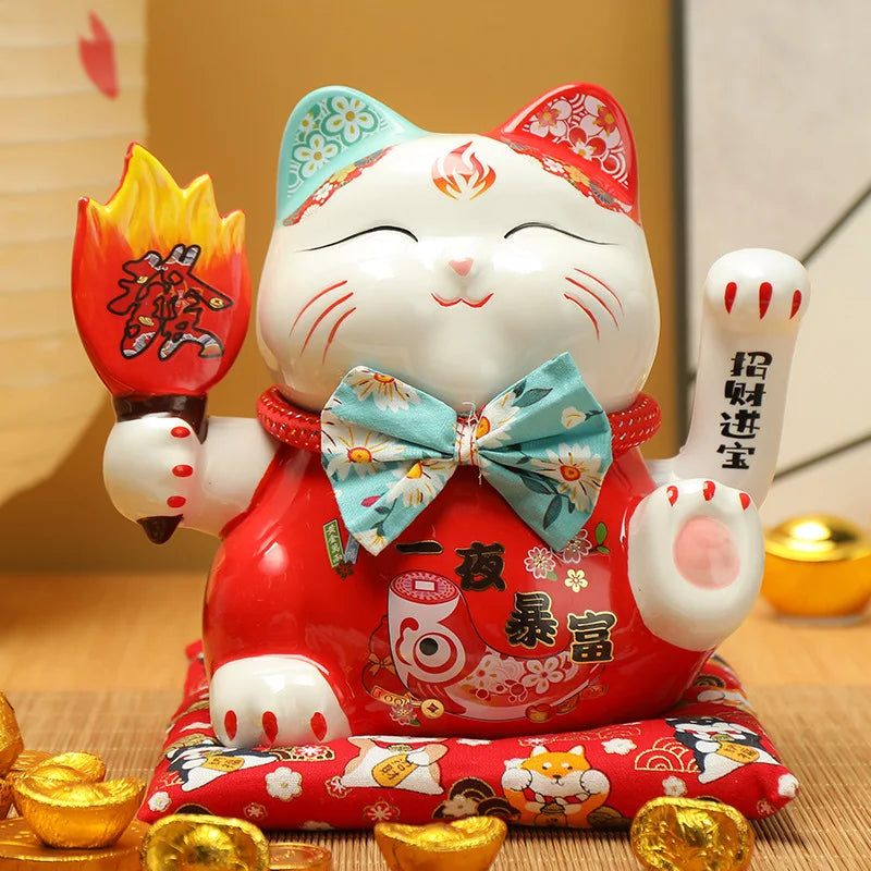 7.5 inches Waving Fortune Cat Statue Ceramic Maneki Neko Lucky Cat Home Decor Waving Hand Cat Feng Shui Ceramic