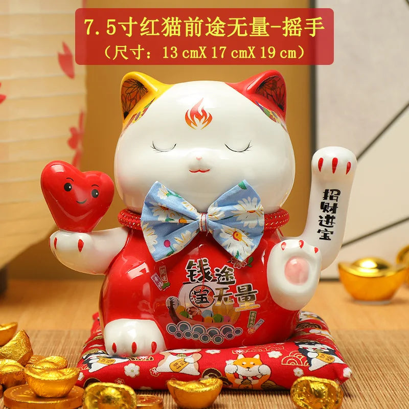 7.5 inches Waving Fortune Cat Statue Ceramic Maneki Neko Lucky Cat Home Decor Waving Hand Cat Feng Shui Ceramic