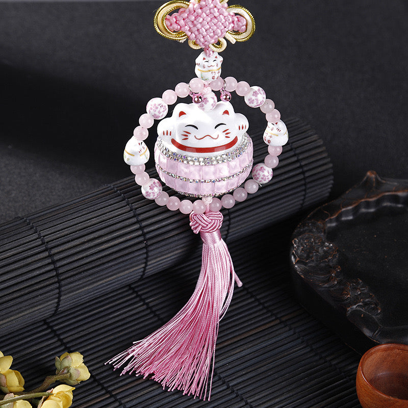 #HA021 handmade  High Grade Lucky Cat Rhinestone Crystal Hanging Ornament Ceramic Fortune Auto Decoration