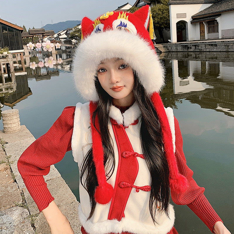 Cute Dragon Head Hat Gloves Scarf Earflap Hat Warm for Women Adult /Kid Winter New Year