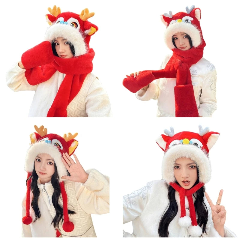 Cute Dragon Head Hat Gloves Scarf Earflap Hat Warm for Women Adult /Kid Winter New Year