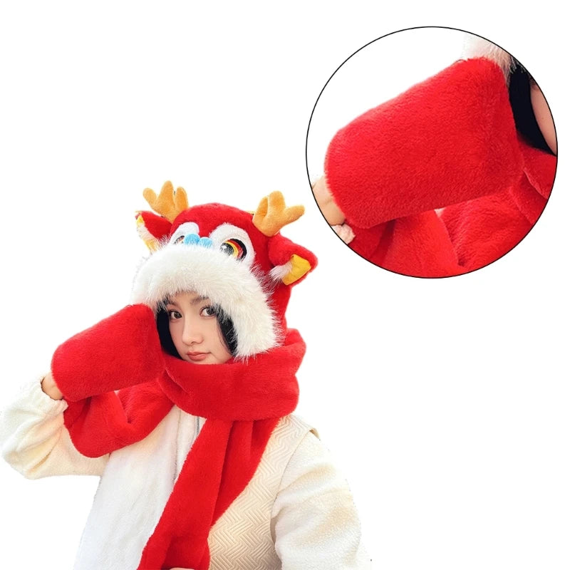 Cute Dragon Head Hat Gloves Scarf Earflap Hat Warm for Women Adult /Kid Winter New Year