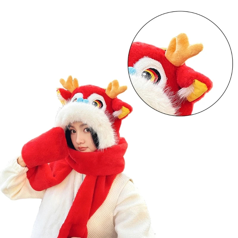 Cute Dragon Head Hat Gloves Scarf Earflap Hat Warm for Women Adult /Kid Winter New Year