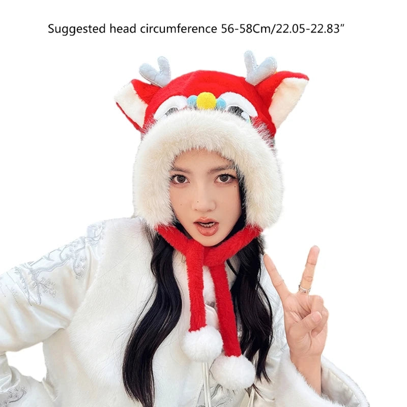 Cute Dragon Head Hat Gloves Scarf Earflap Hat Warm for Women Adult /Kid Winter New Year