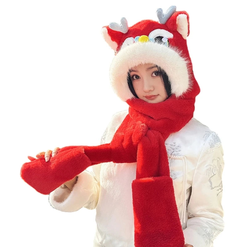 Cute Dragon Head Hat Gloves Scarf Earflap Hat Warm for Women Adult /Kid Winter New Year