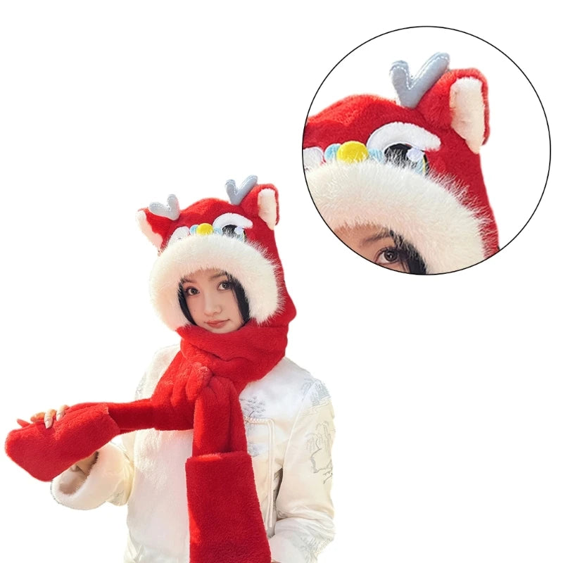 Cute Dragon Head Hat Gloves Scarf Earflap Hat Warm for Women Adult /Kid Winter New Year