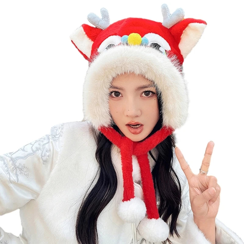 Cute Dragon Head Hat Gloves Scarf Earflap Hat Warm for Women Adult /Kid Winter New Year