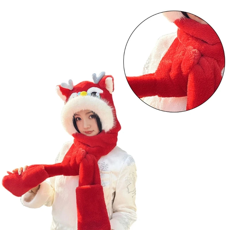 Cute Dragon Head Hat Gloves Scarf Earflap Hat Warm for Women Adult /Kid Winter New Year