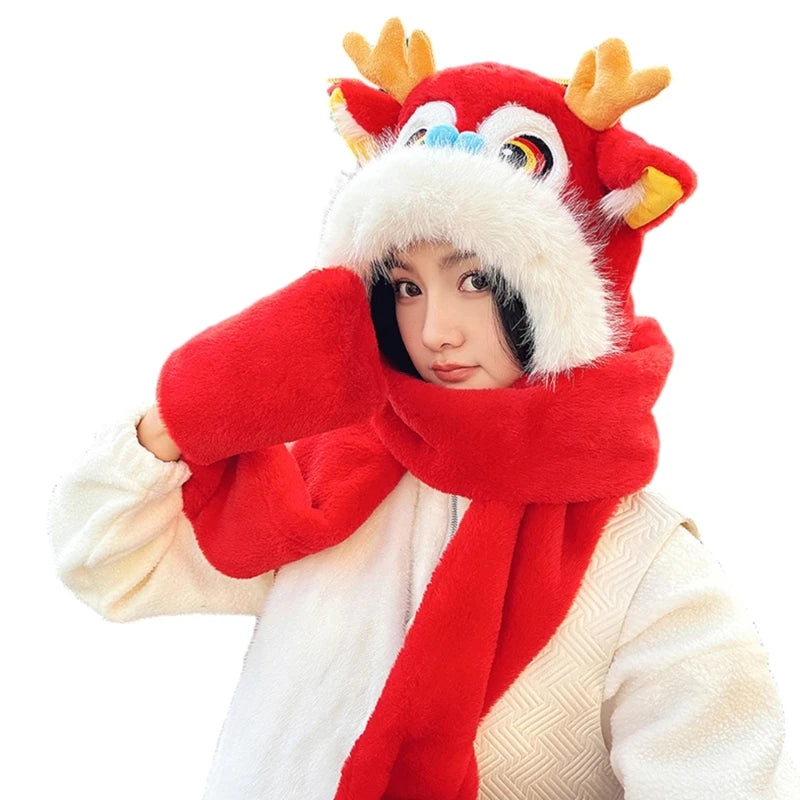 Cute Dragon Head Hat Gloves Scarf Earflap Hat Warm for Women Adult /Kid Winter New Year