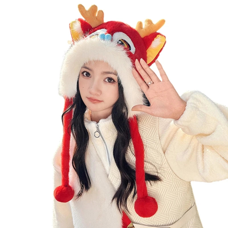 Cute Dragon Head Hat Gloves Scarf Earflap Hat Warm for Women Adult /Kid Winter New Year