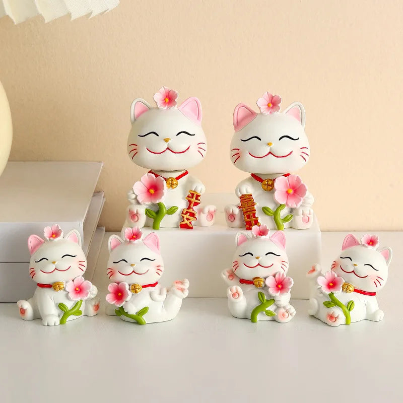 Sakura lucky cat Maneki Neko Figurine fortune cat Fairy Garden Car Decoration nodding wobbling