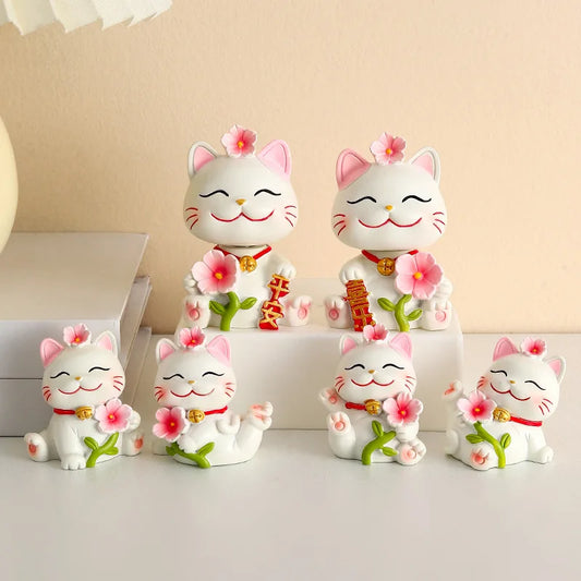 Sakura lucky cat Maneki Neko Figurine fortune cat Fairy Garden Car Decoration nodding wobbling
