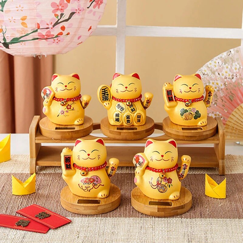 #HD1031 Solar Waving Lucky Cat Wood stand Ceramic Automatic Beckoning Car Household Decoration Craft  Gift