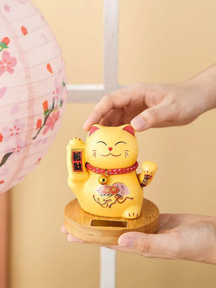 #HD1031 Solar Waving Lucky Cat Wood stand Ceramic Automatic Beckoning Car Household Decoration Craft  Gift