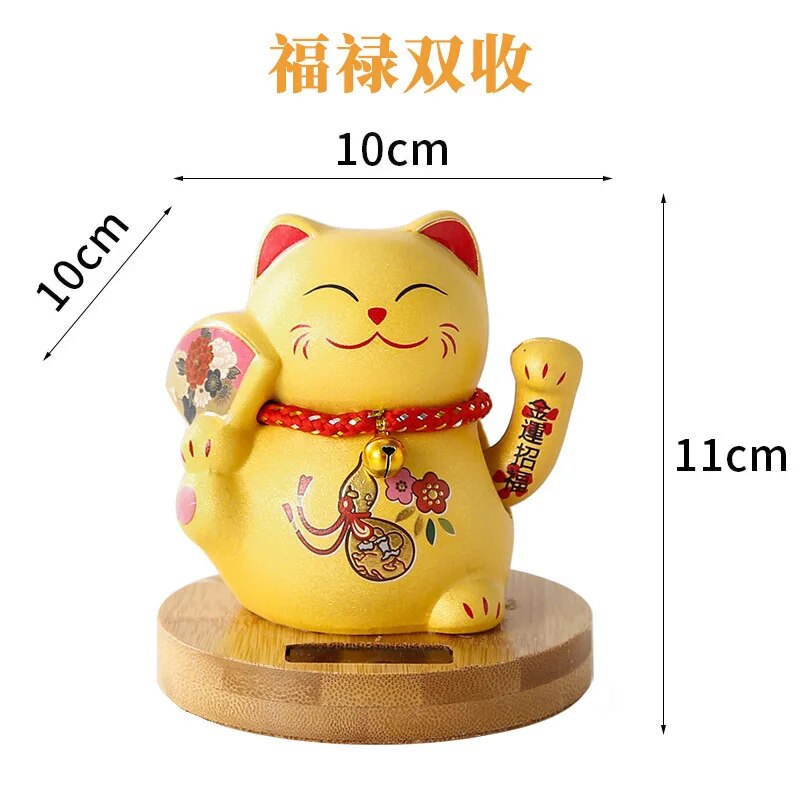 #HD1031 Solar Waving Lucky Cat Wood stand Ceramic Automatic Beckoning Car Household Decoration Craft  Gift