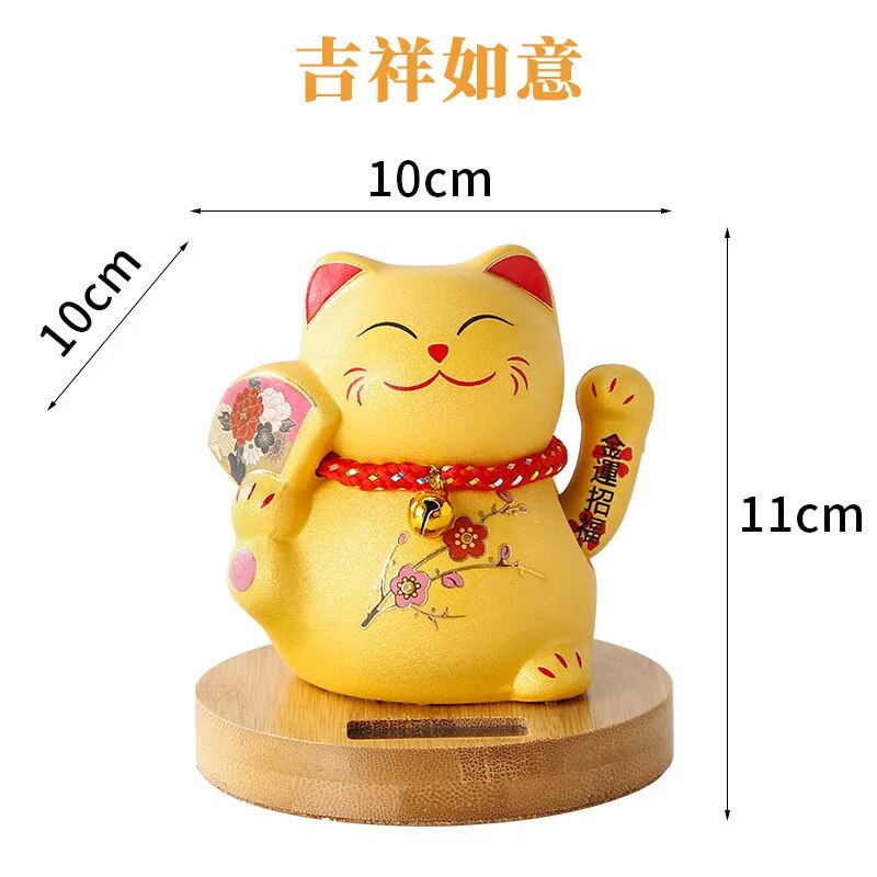 #HD1031 Solar Waving Lucky Cat Wood stand Ceramic Automatic Beckoning Car Household Decoration Craft  Gift