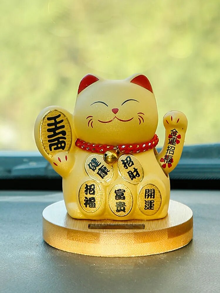 #HD1031 Solar Waving Lucky Cat Wood stand Ceramic Automatic Beckoning Car Household Decoration Craft  Gift