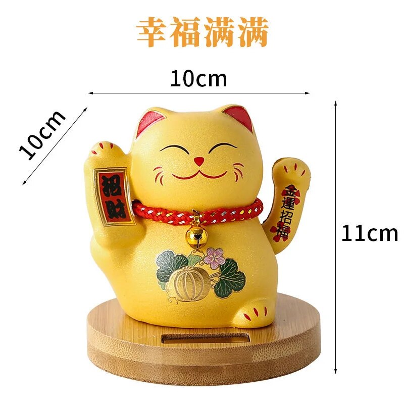 #HD1031 Solar Waving Lucky Cat Wood stand Ceramic Automatic Beckoning Car Household Decoration Craft  Gift
