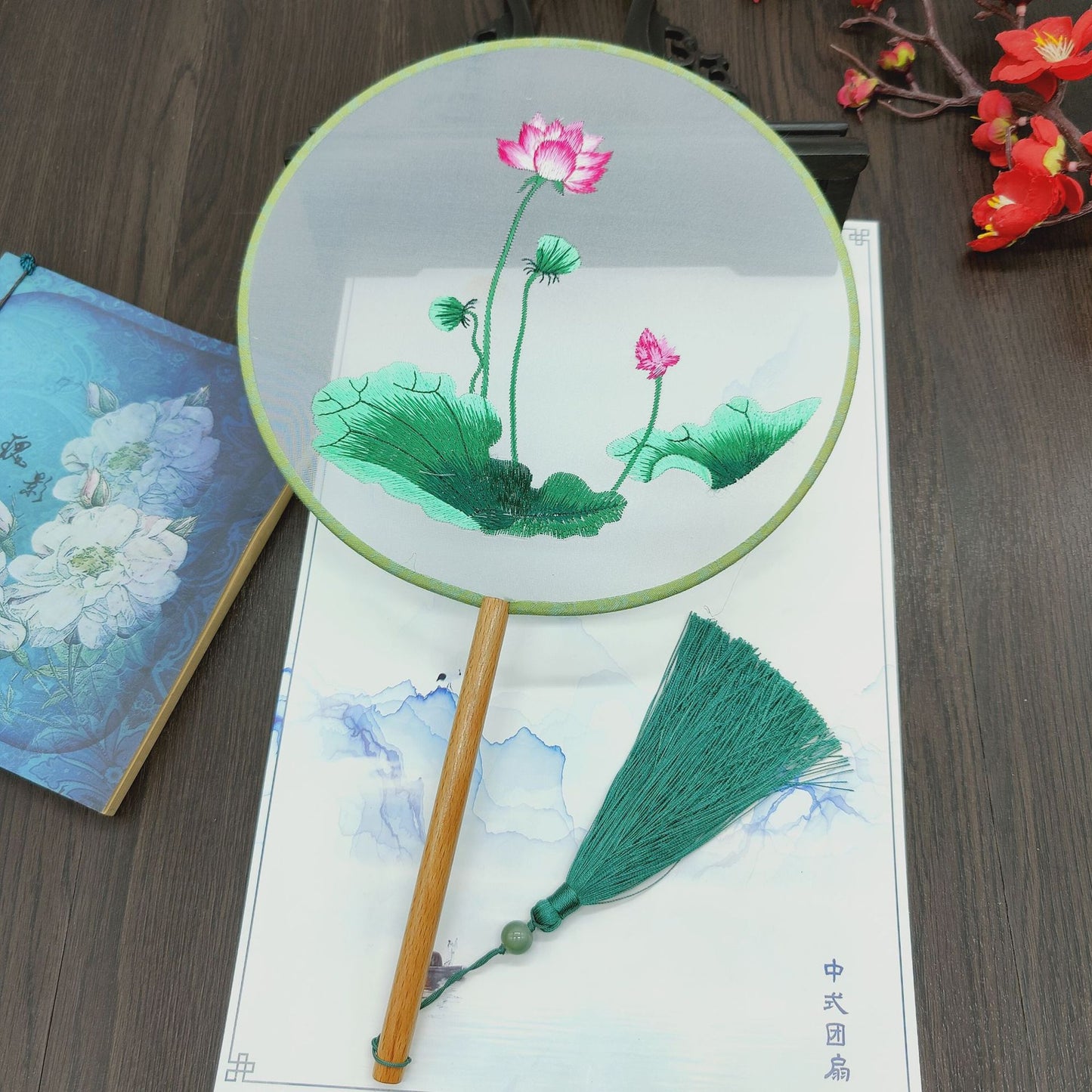 #JA-1013 -5pc lot(4+1pcstand) Silk Embroidery fan handmade Chinese Style Embroidery