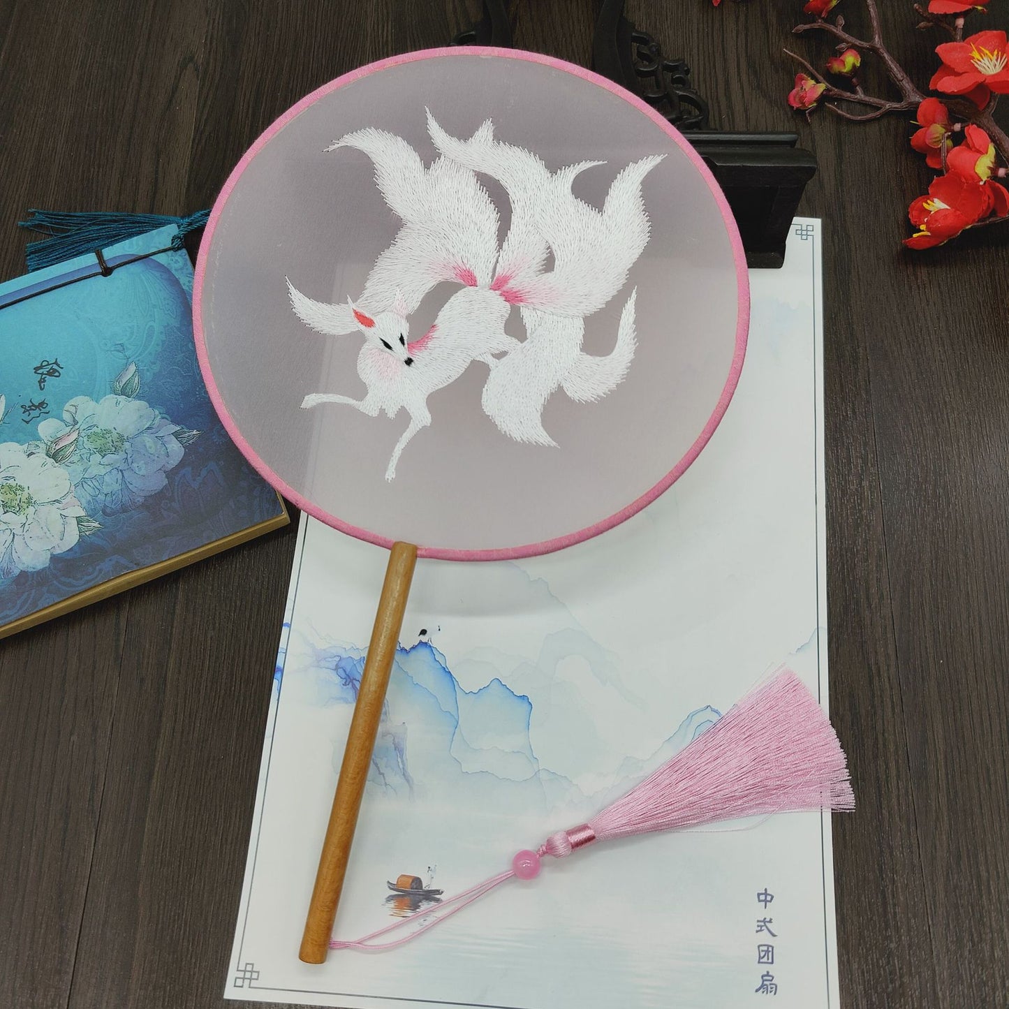#JA-1013 -5pc lot(4+1pcstand) Silk Embroidery fan handmade Chinese Style Embroidery