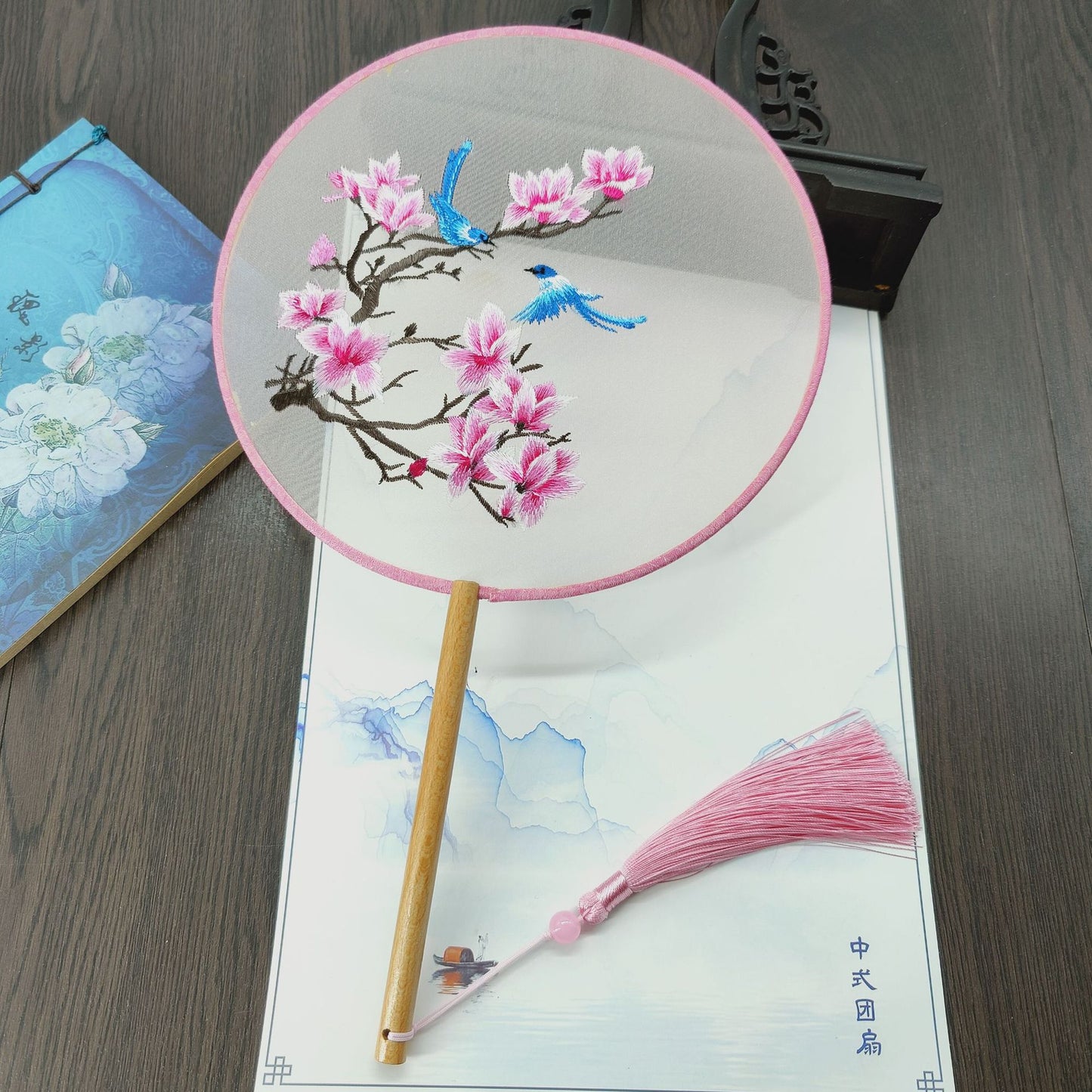 #JA-1013 -5pc lot(4+1pcstand) Silk Embroidery fan handmade Chinese Style Embroidery