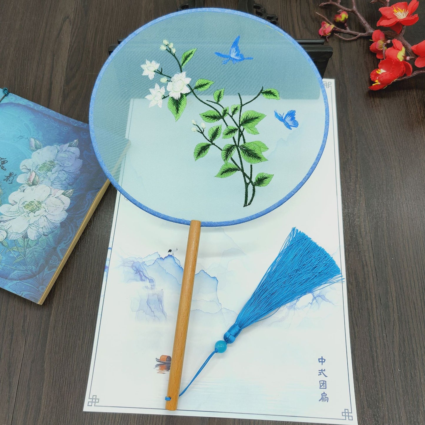 #JA-1013 -5pc lot(4+1pcstand) Silk Embroidery fan handmade Chinese Style Embroidery