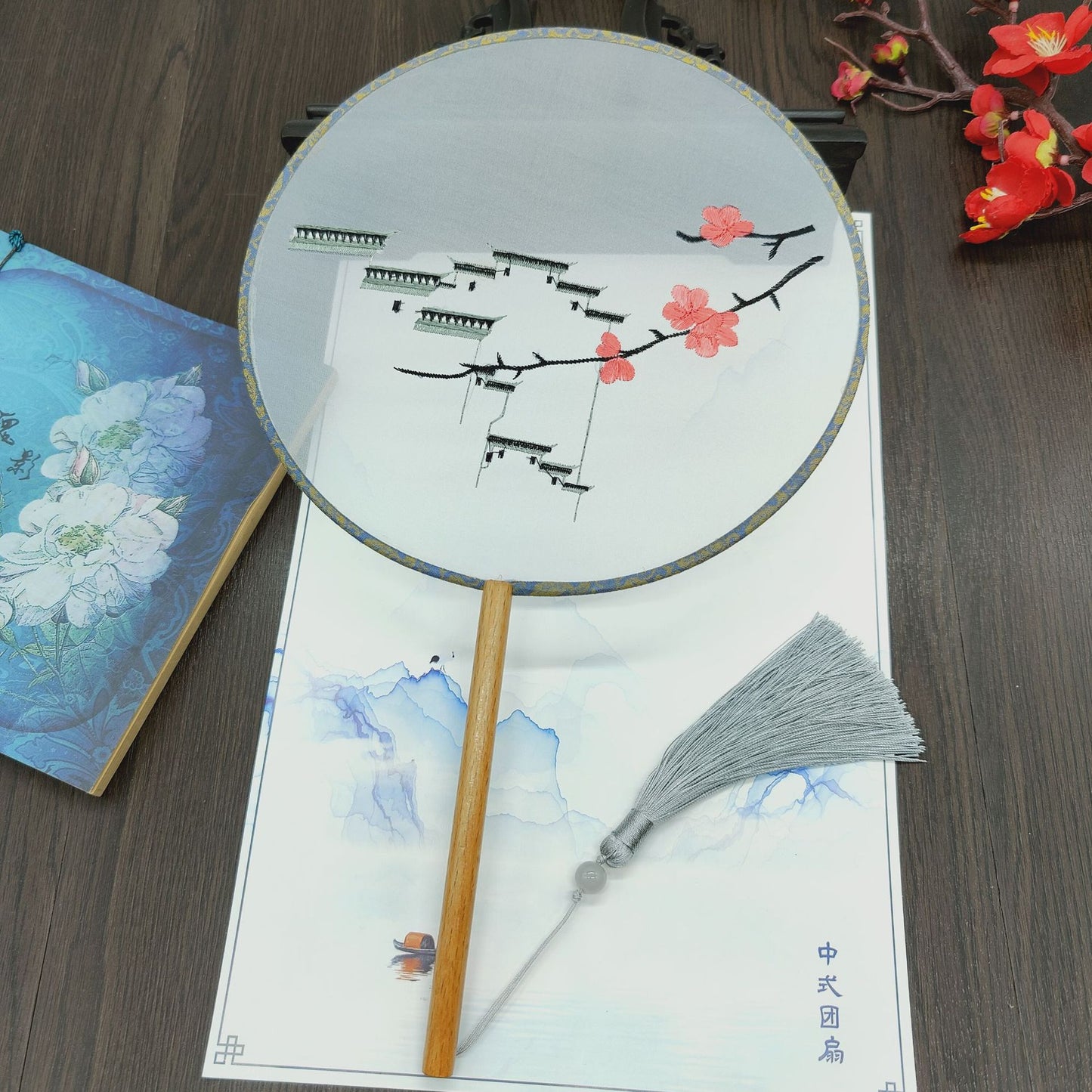 #JA-1013 -5pc lot(4+1pcstand) Silk Embroidery fan handmade Chinese Style Embroidery