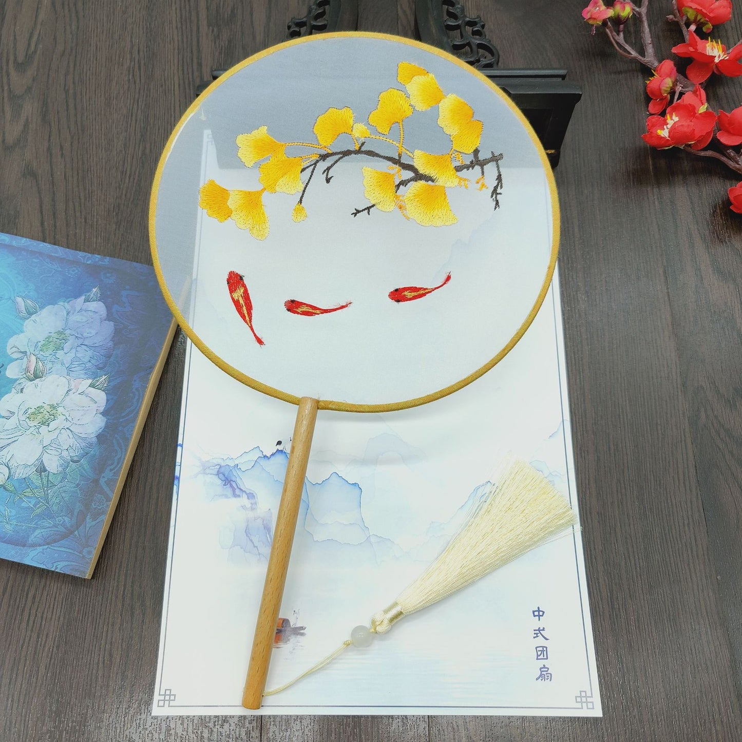 #JA-1013 -5pc lot(4+1pcstand) Silk Embroidery fan handmade Chinese Style Embroidery