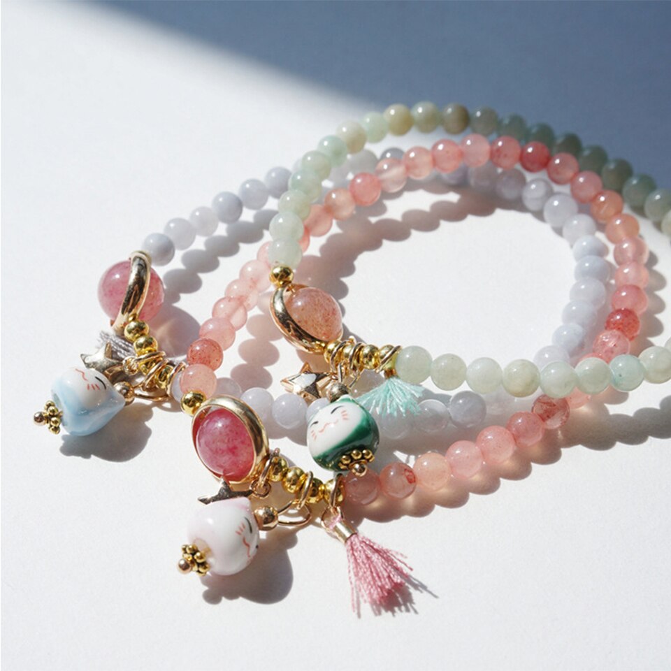 #JB1010 3 pcs lot Natrual Crystal garnet stone Bead Lucky Cat Bracelet for Women Girls Gift Maneki Neko  Tassel Pendant Jewelry