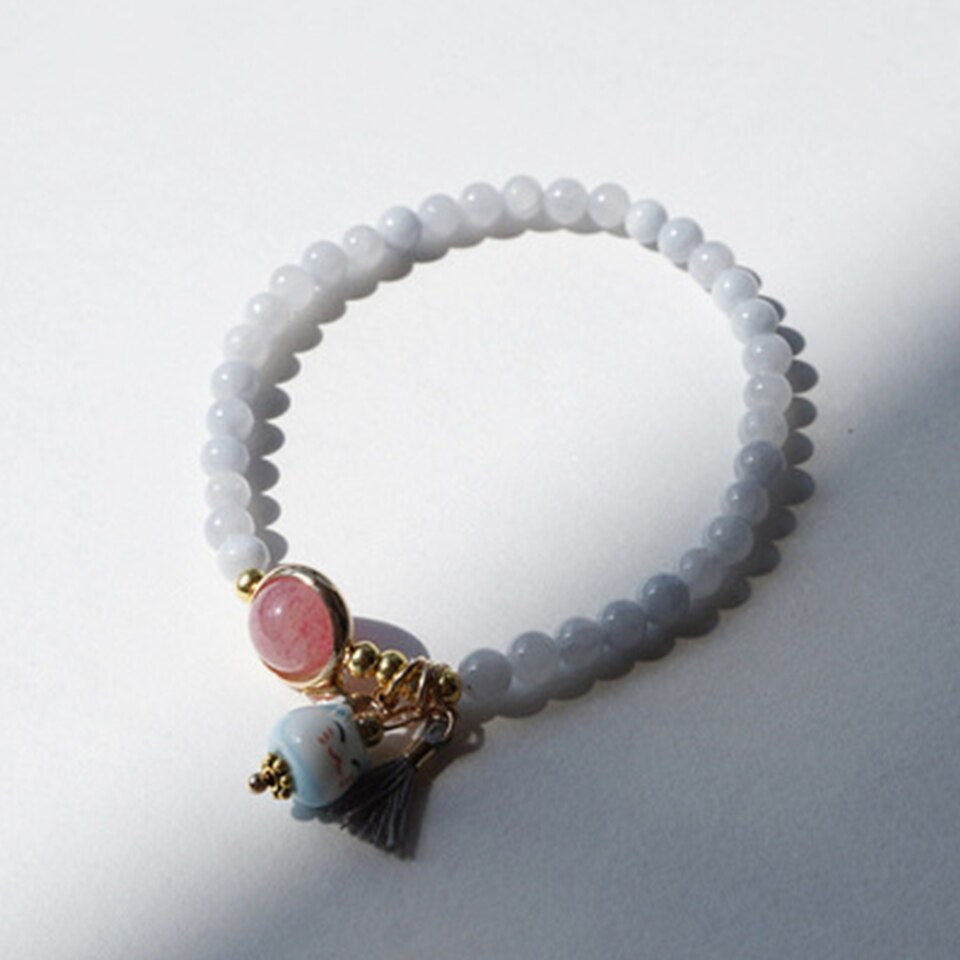 #JB1010 3 pcs lot Natrual Crystal garnet stone Bead Lucky Cat Bracelet for Women Girls Gift Maneki Neko  Tassel Pendant Jewelry