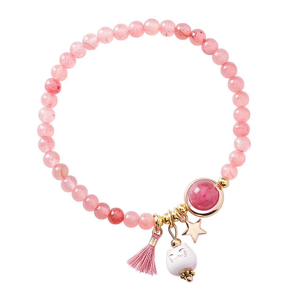 #JB1010 3 pcs lot Natrual Crystal garnet stone Bead Lucky Cat Bracelet for Women Girls Gift Maneki Neko  Tassel Pendant Jewelry