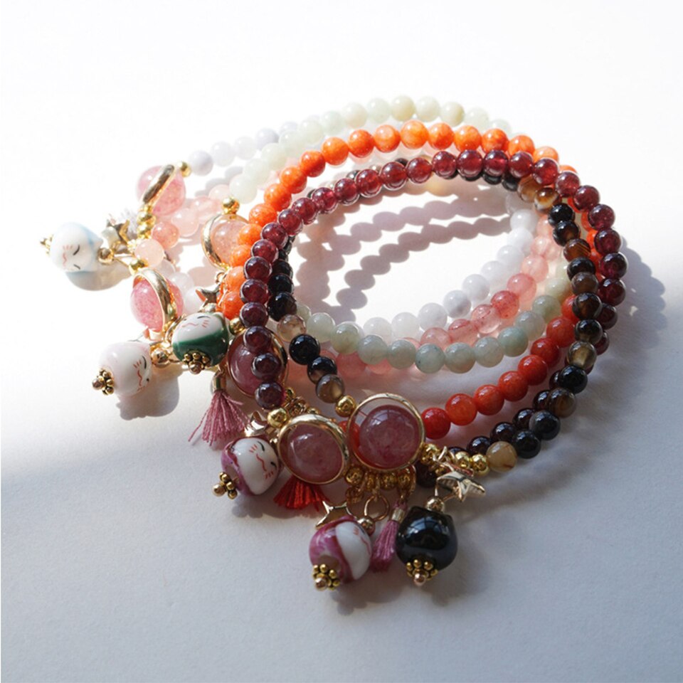 #JB1010 3 pcs lot Natrual Crystal garnet stone Bead Lucky Cat Bracelet for Women Girls Gift Maneki Neko  Tassel Pendant Jewelry