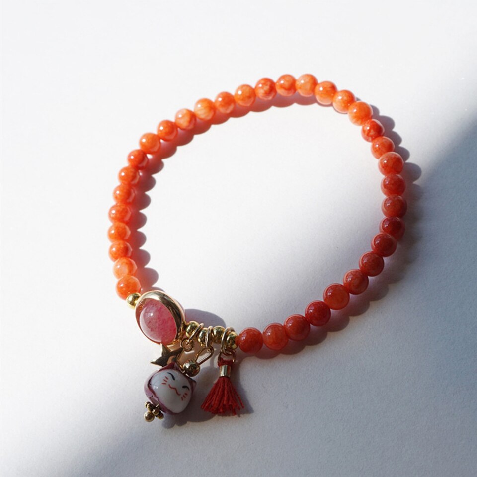 #JB1010 3 pcs lot Natrual Crystal garnet stone Bead Lucky Cat Bracelet for Women Girls Gift Maneki Neko  Tassel Pendant Jewelry